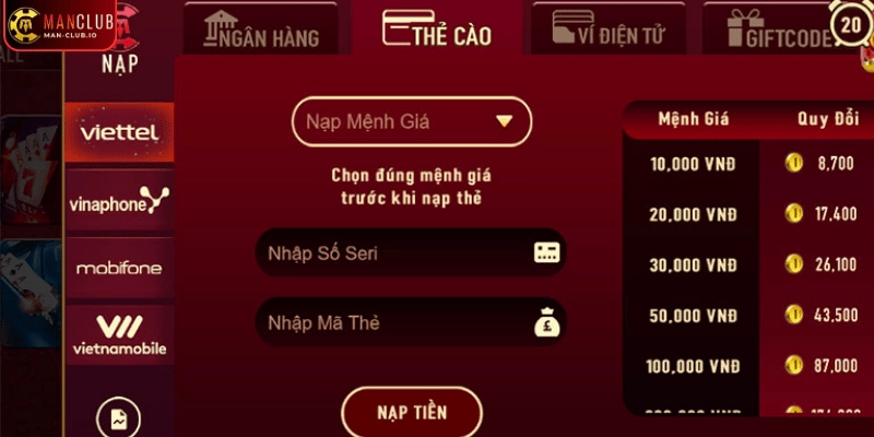 Hướng dẫn nạp tiền Manclub với thẻ cào điện thoại Hướng dẫn nạp tiền Manclub với thẻ cào điện thoại